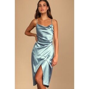 Lulus Hollywood Woman Dusty Blue Satin Midi Dress - Size M